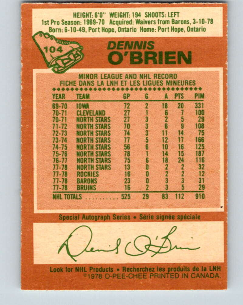 1978-79 O-Pee-Chee #104 Dennis O'Brien Boston Bruins V22343