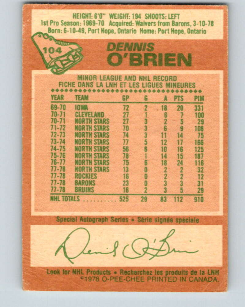 1978-79 O-Pee-Chee #104 Dennis O'Brien Boston Bruins V22344