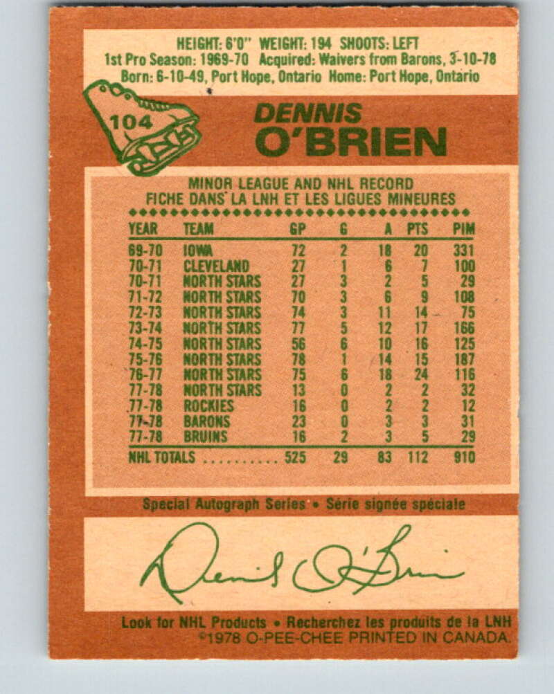1978-79 O-Pee-Chee #104 Dennis O'Brien Boston Bruins V22345