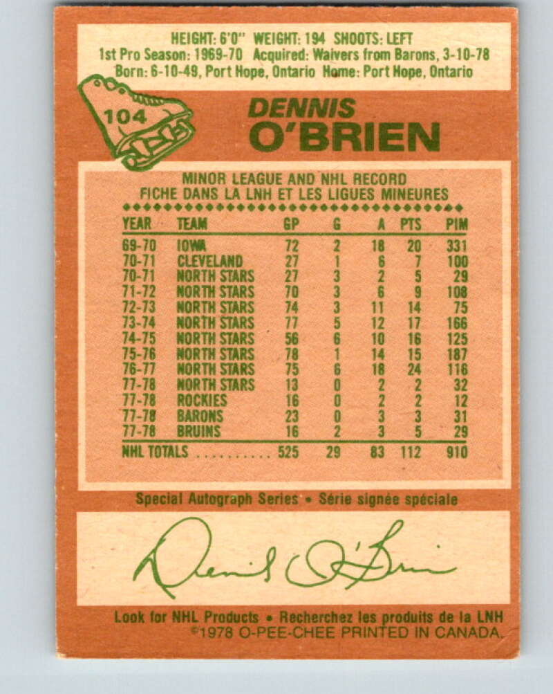 1978-79 O-Pee-Chee #104 Dennis O'Brien Boston Bruins V22346