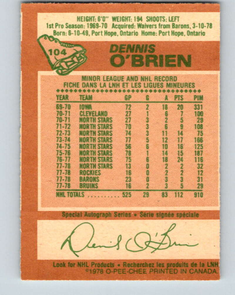 1978-79 O-Pee-Chee #104 Dennis O'Brien Boston Bruins V22348