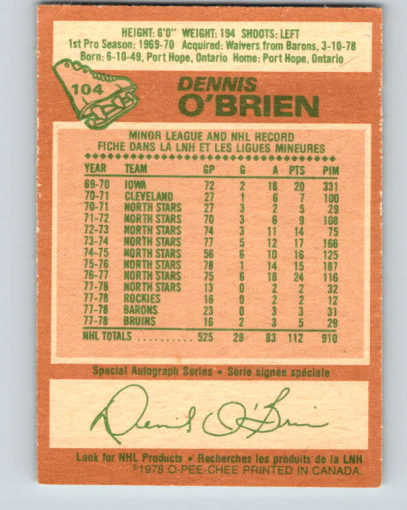 1978-79 O-Pee-Chee #104 Dennis O'Brien Boston Bruins V22349