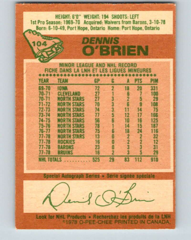 1978-79 O-Pee-Chee #104 Dennis O'Brien Boston Bruins V22350