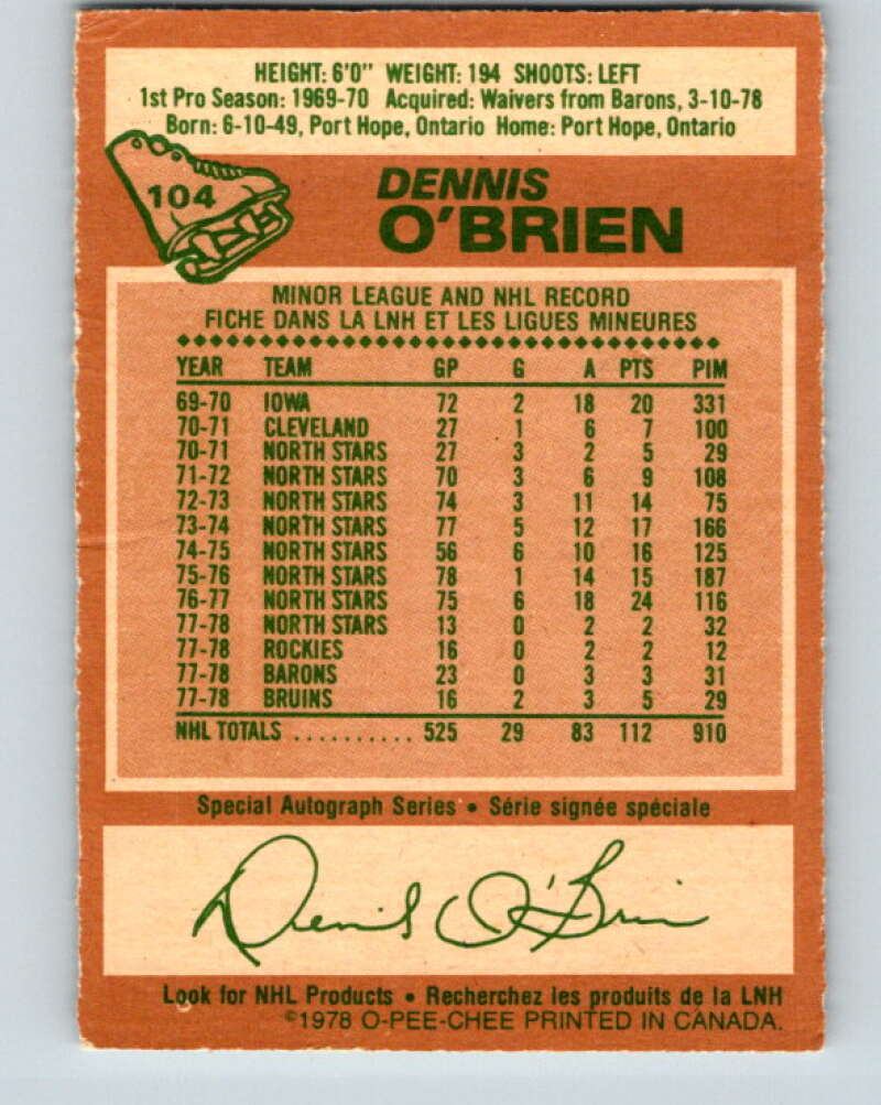 1978-79 O-Pee-Chee #104 Dennis O'Brien Boston Bruins V22353