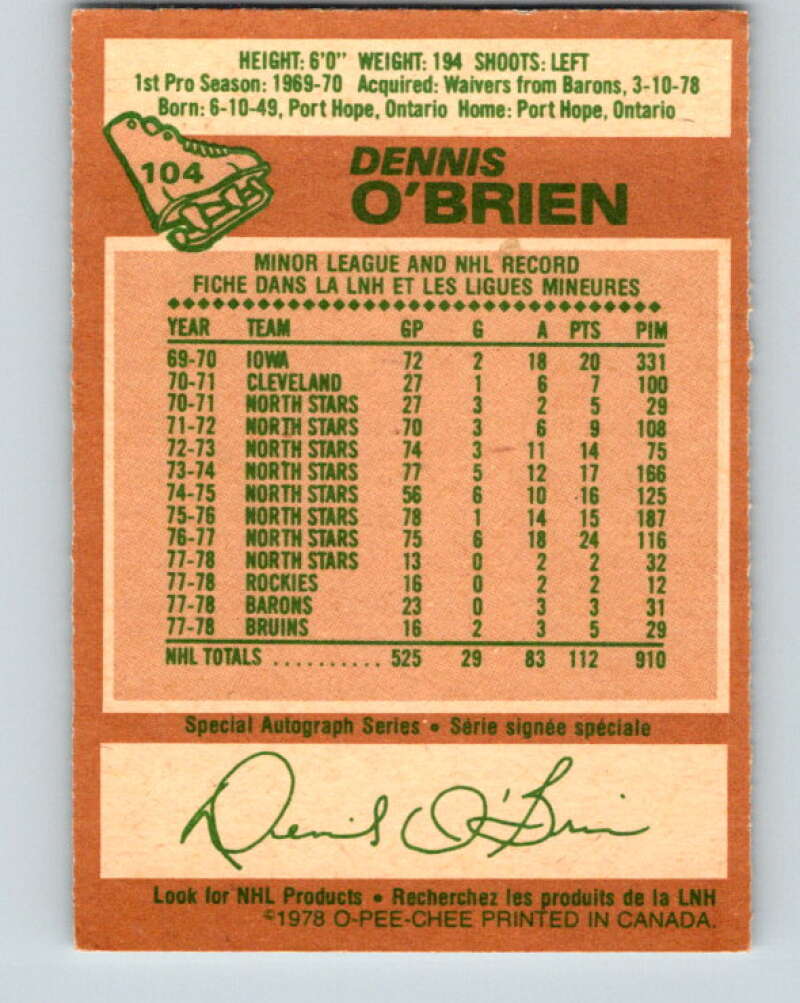 1978-79 O-Pee-Chee #104 Dennis O'Brien Boston Bruins V22354