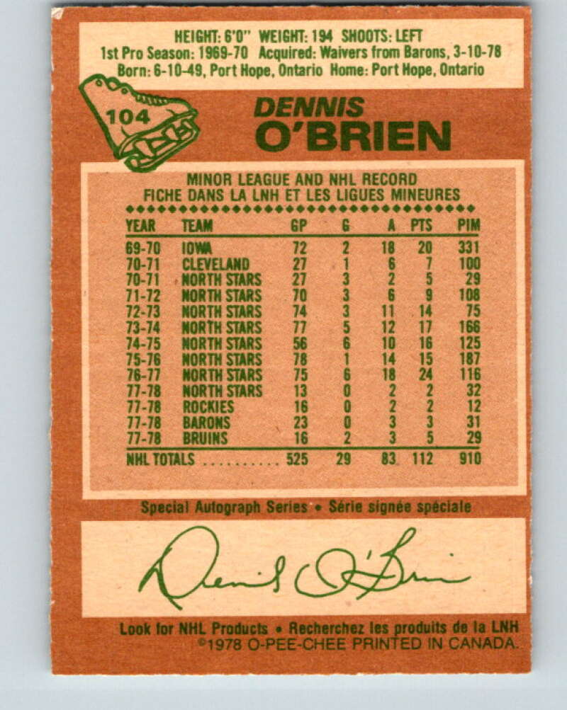 1978-79 O-Pee-Chee #104 Dennis O'Brien Boston Bruins V22355