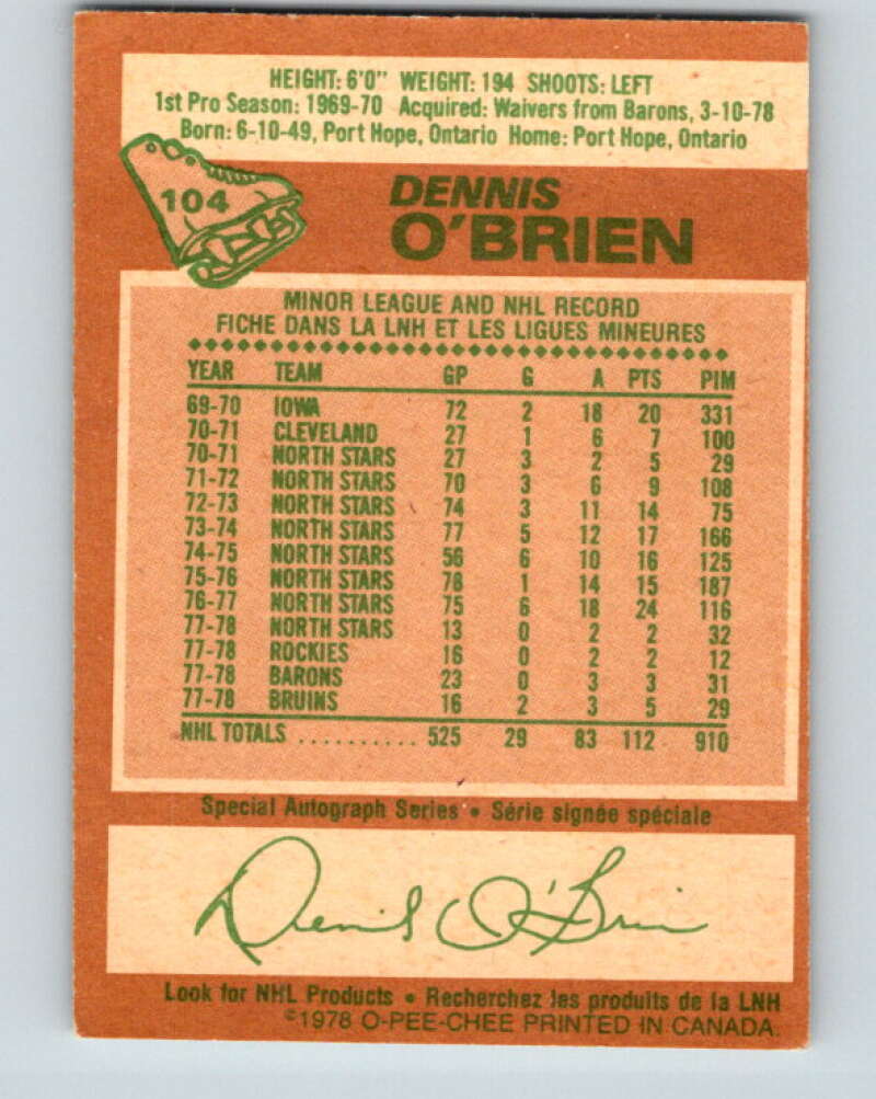 1978-79 O-Pee-Chee #104 Dennis O'Brien Boston Bruins V22356