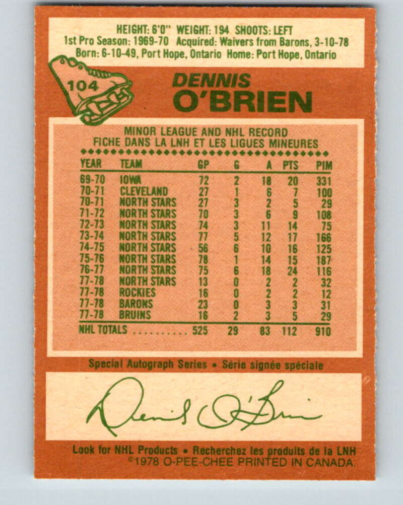 1978-79 O-Pee-Chee #104 Dennis O'Brien Boston Bruins V22358