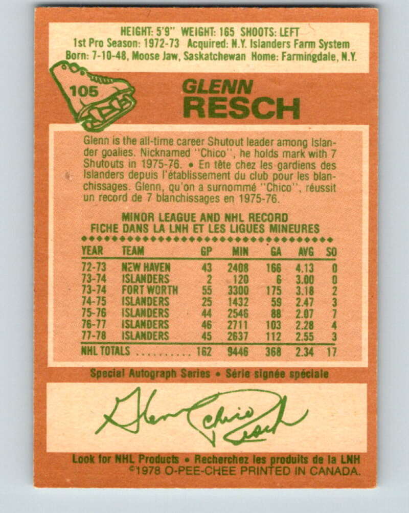 1978-79 O-Pee-Chee #105 Glenn Resch New York Islanders V22360
