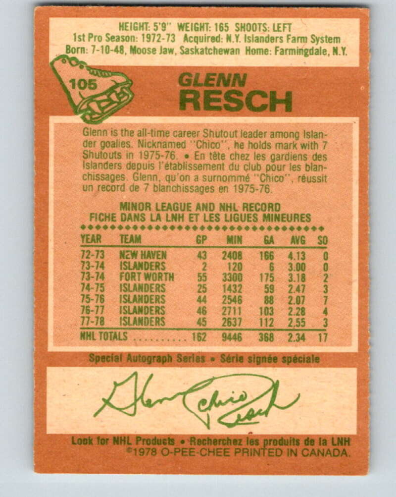 1978-79 O-Pee-Chee #105 Glenn Resch New York Islanders V22362