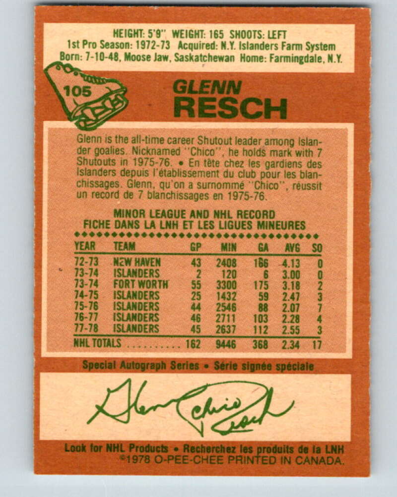1978-79 O-Pee-Chee #105 Glenn Resch New York Islanders V22363
