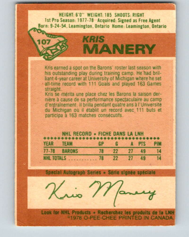 1978-79 O-Pee-Chee #107 Kris Manery RC Rookie Minnesota V22378