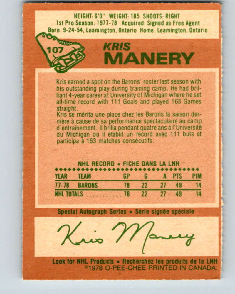 1978-79 O-Pee-Chee #107 Kris Manery RC Rookie Minnesota V22382