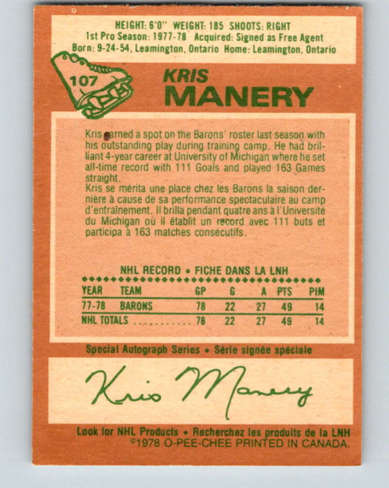 1978-79 O-Pee-Chee #107 Kris Manery RC Rookie Minnesota V22383