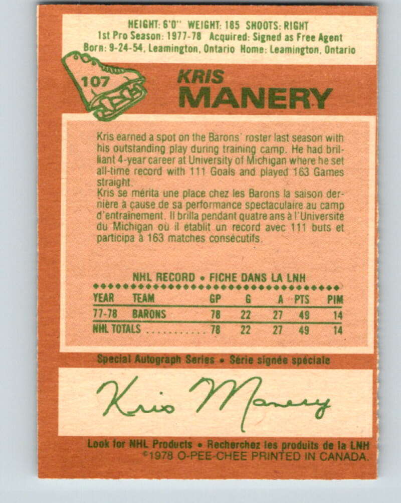 1978-79 O-Pee-Chee #107 Kris Manery RC Rookie Minnesota V22384