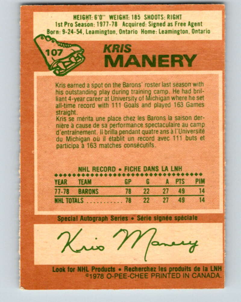 1978-79 O-Pee-Chee #107 Kris Manery RC Rookie Minnesota V22387