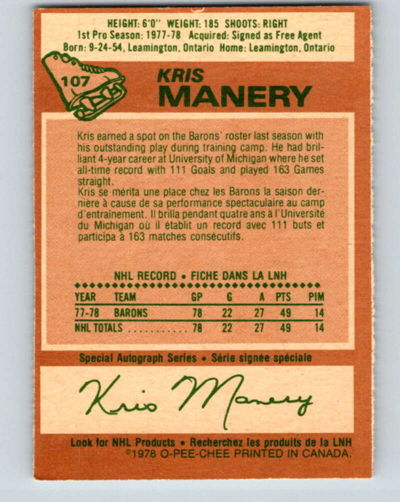 1978-79 O-Pee-Chee #107 Kris Manery RC Rookie Minnesota V22389