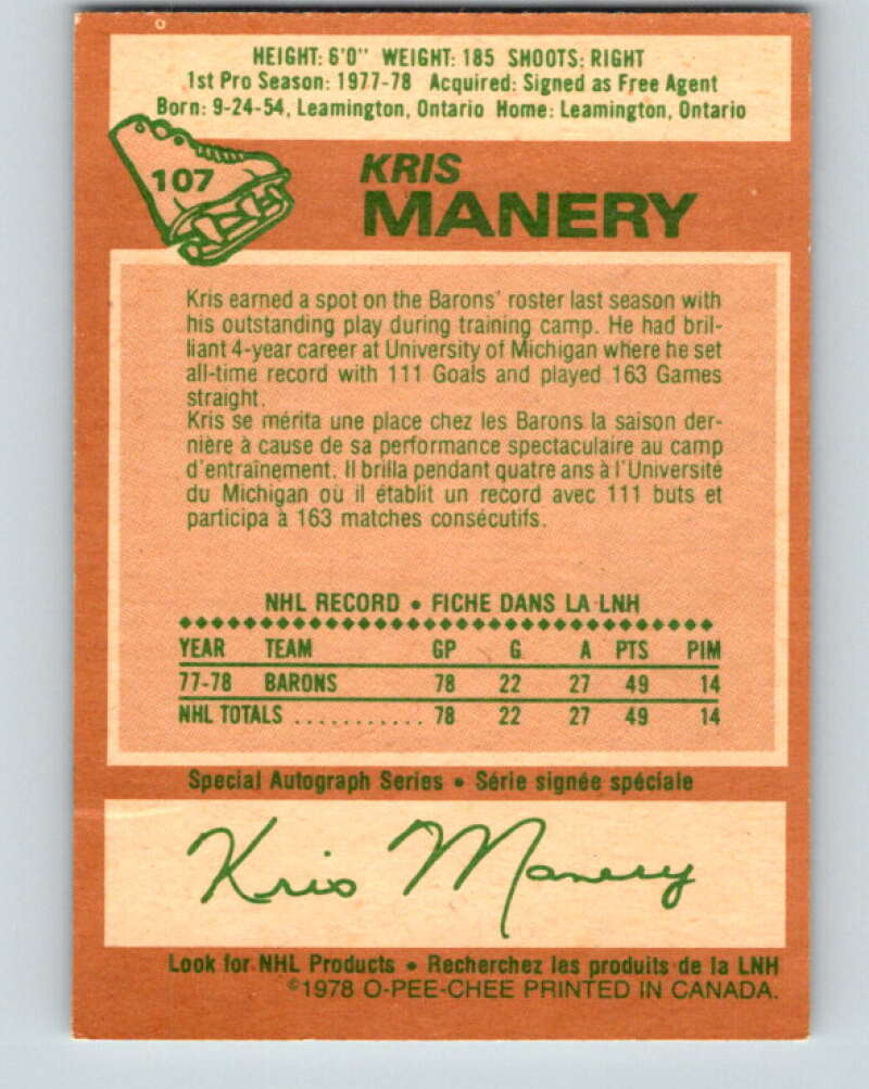1978-79 O-Pee-Chee #107 Kris Manery RC Rookie Minnesota V22392