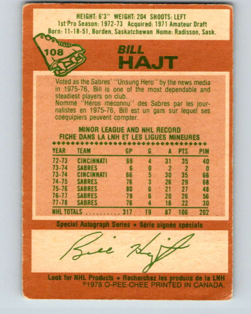 1978-79 O-Pee-Chee #108 Bill Hajt Buffalo Sabres V22395