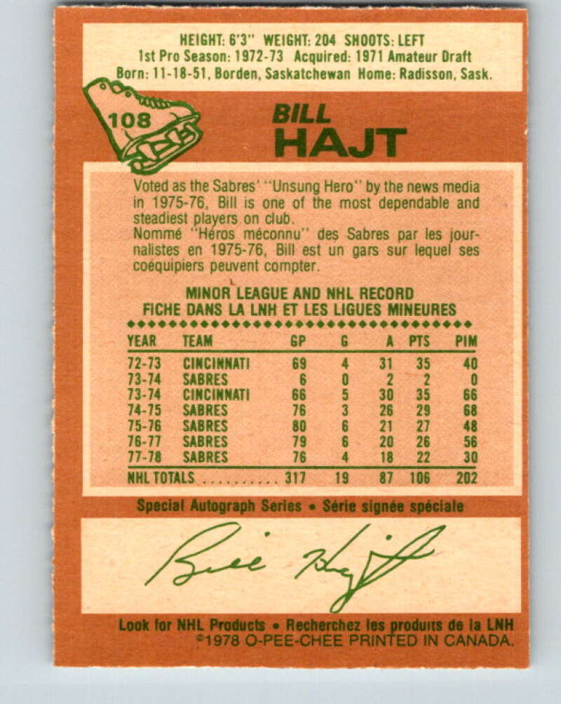 1978-79 O-Pee-Chee #108 Bill Hajt Buffalo Sabres V22400