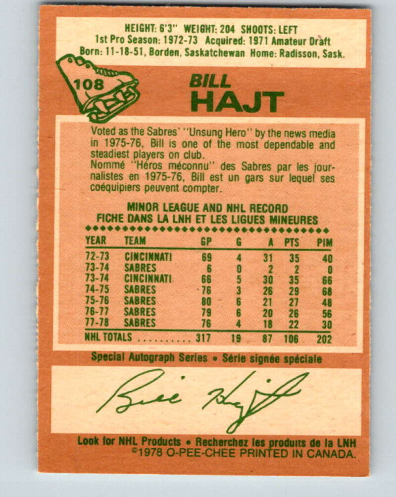 1978-79 O-Pee-Chee #108 Bill Hajt Buffalo Sabres V22405