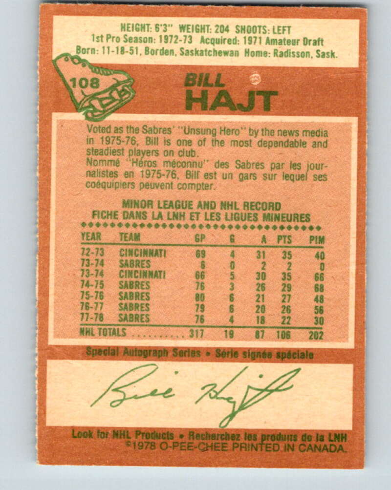 1978-79 O-Pee-Chee #108 Bill Hajt Buffalo Sabres V22410