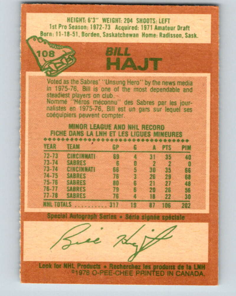 1978-79 O-Pee-Chee #108 Bill Hajt Buffalo Sabres V22411