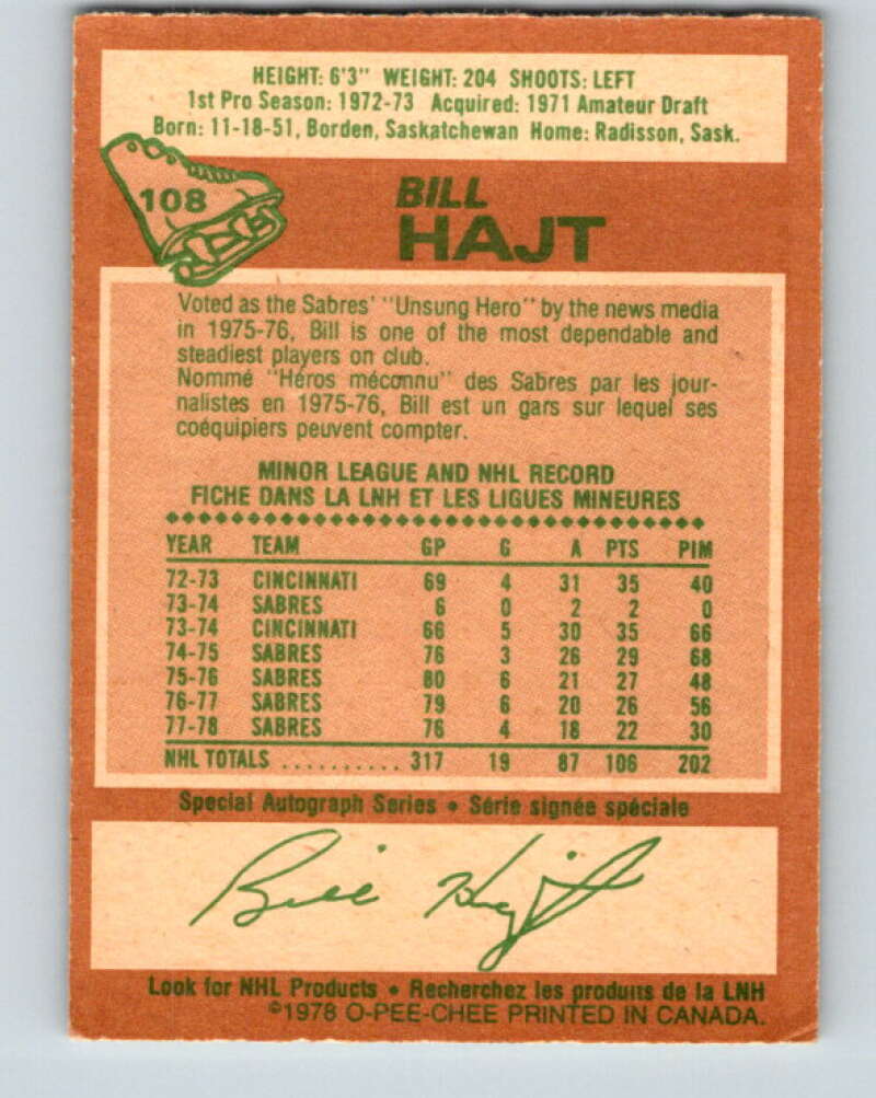 1978-79 O-Pee-Chee #108 Bill Hajt Buffalo Sabres V22414