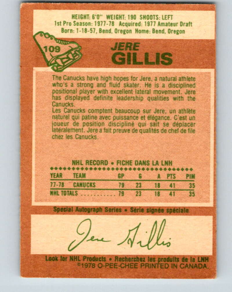 1978-79 O-Pee-Chee #109 Jere Gillis RC Rookie Canucks V22415
