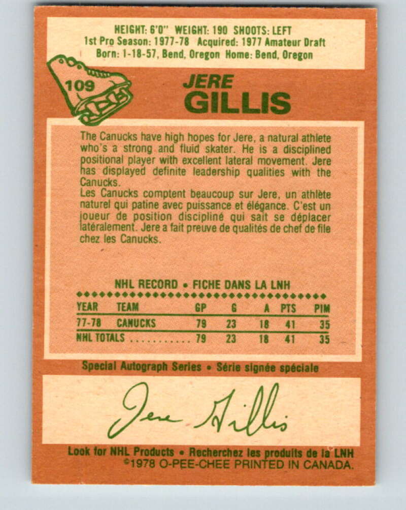 1978-79 O-Pee-Chee #109 Jere Gillis RC Rookie Canucks V22419
