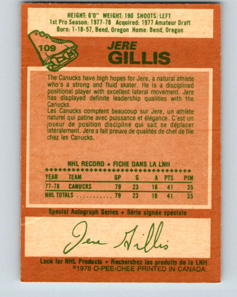 1978-79 O-Pee-Chee #109 Jere Gillis RC Rookie Canucks V22420
