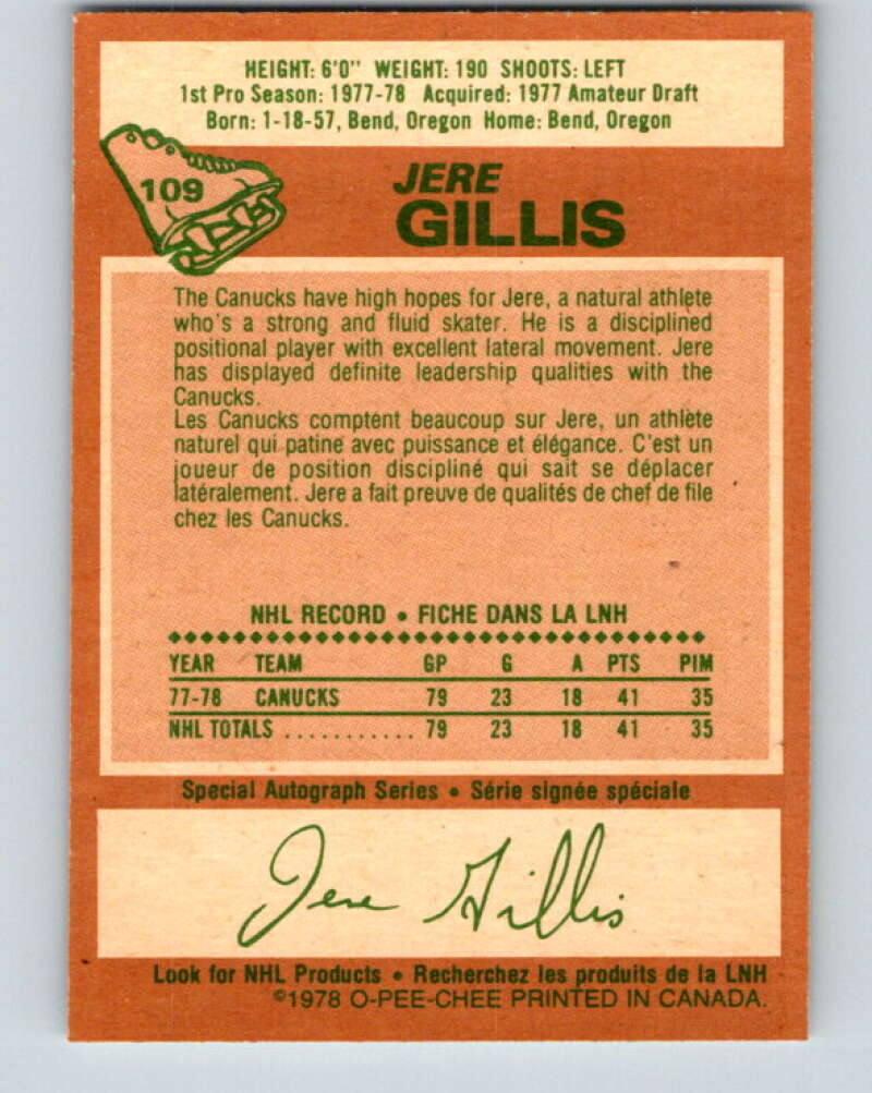 1978-79 O-Pee-Chee #109 Jere Gillis RC Rookie Canucks V22423