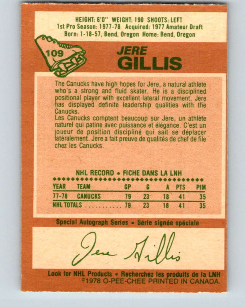 1978-79 O-Pee-Chee #109 Jere Gillis RC Rookie Canucks V22424