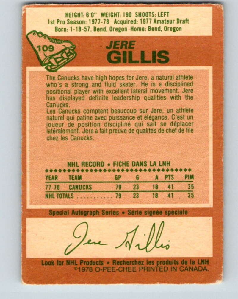 1978-79 O-Pee-Chee #109 Jere Gillis RC Rookie Canucks V22427