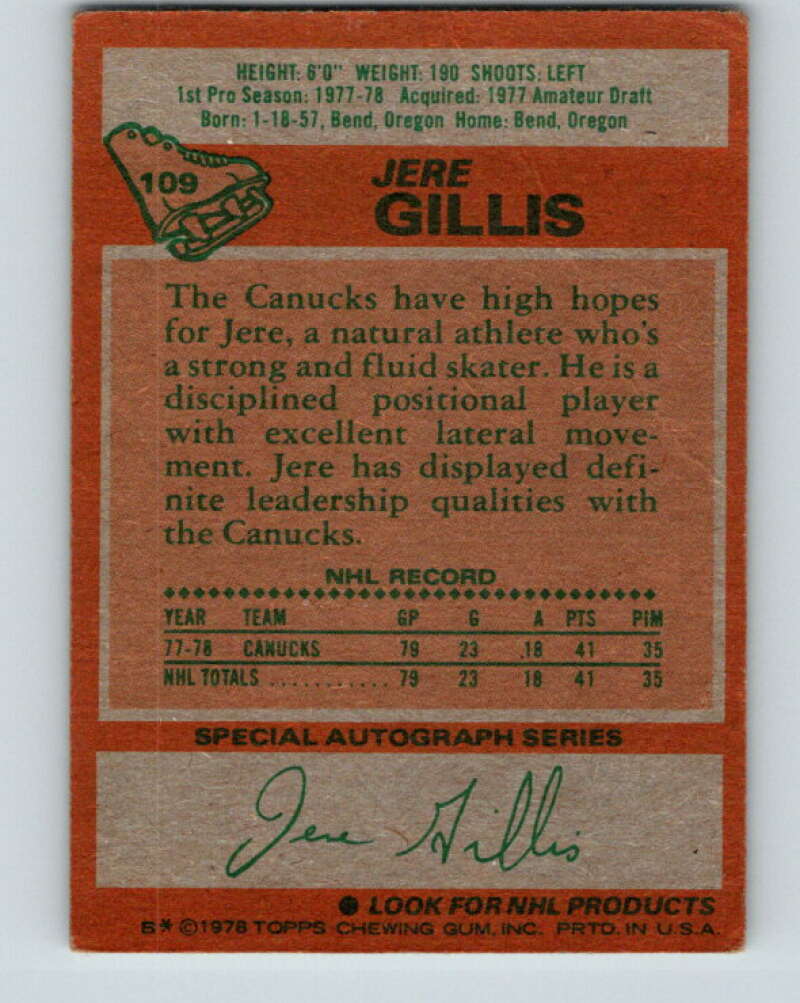 1978-79 O-Pee-Chee #109 Jere Gillis RC Rookie Canucks V22429