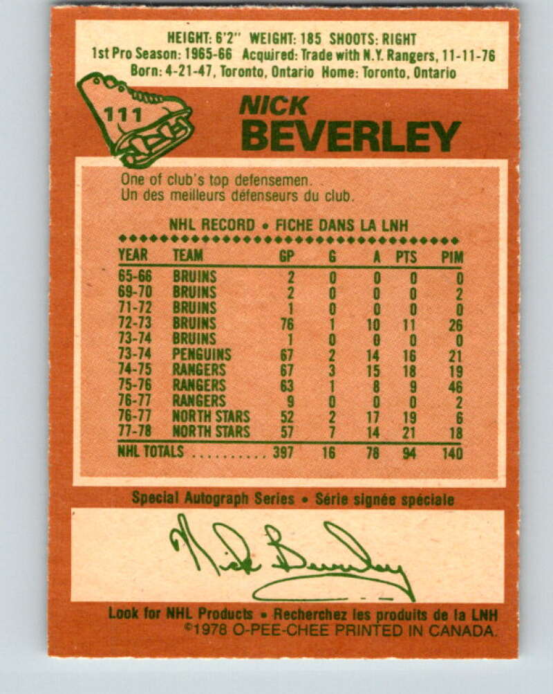 1978-79 O-Pee-Chee #111 Nick Beverley Los Angeles Kings V22449