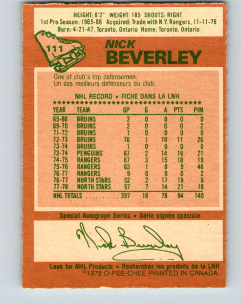 1978-79 O-Pee-Chee #111 Nick Beverley Los Angeles Kings V22451