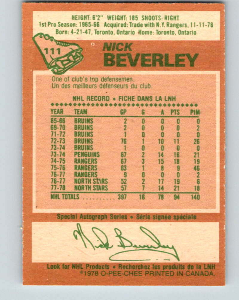 1978-79 O-Pee-Chee #111 Nick Beverley Los Angeles Kings V22456