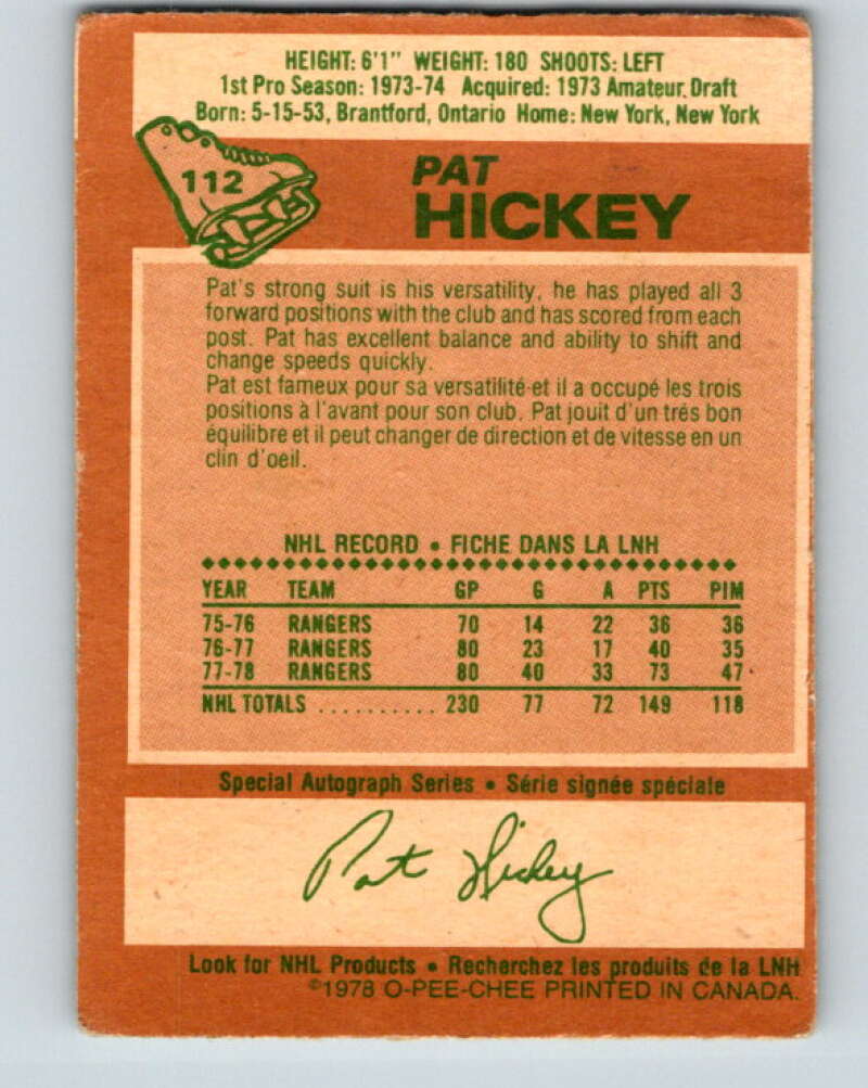 1978-79 O-Pee-Chee #112 Pat Hickey New York Rangers V22458