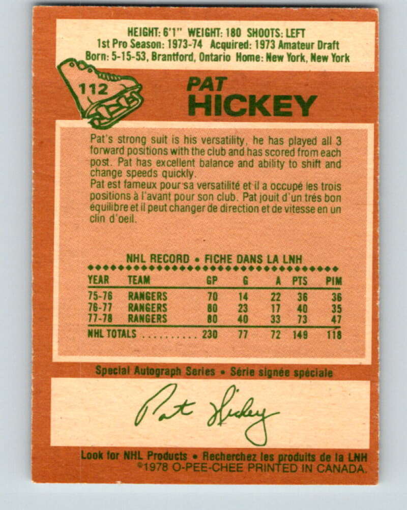 1978-79 O-Pee-Chee #112 Pat Hickey New York Rangers V22462