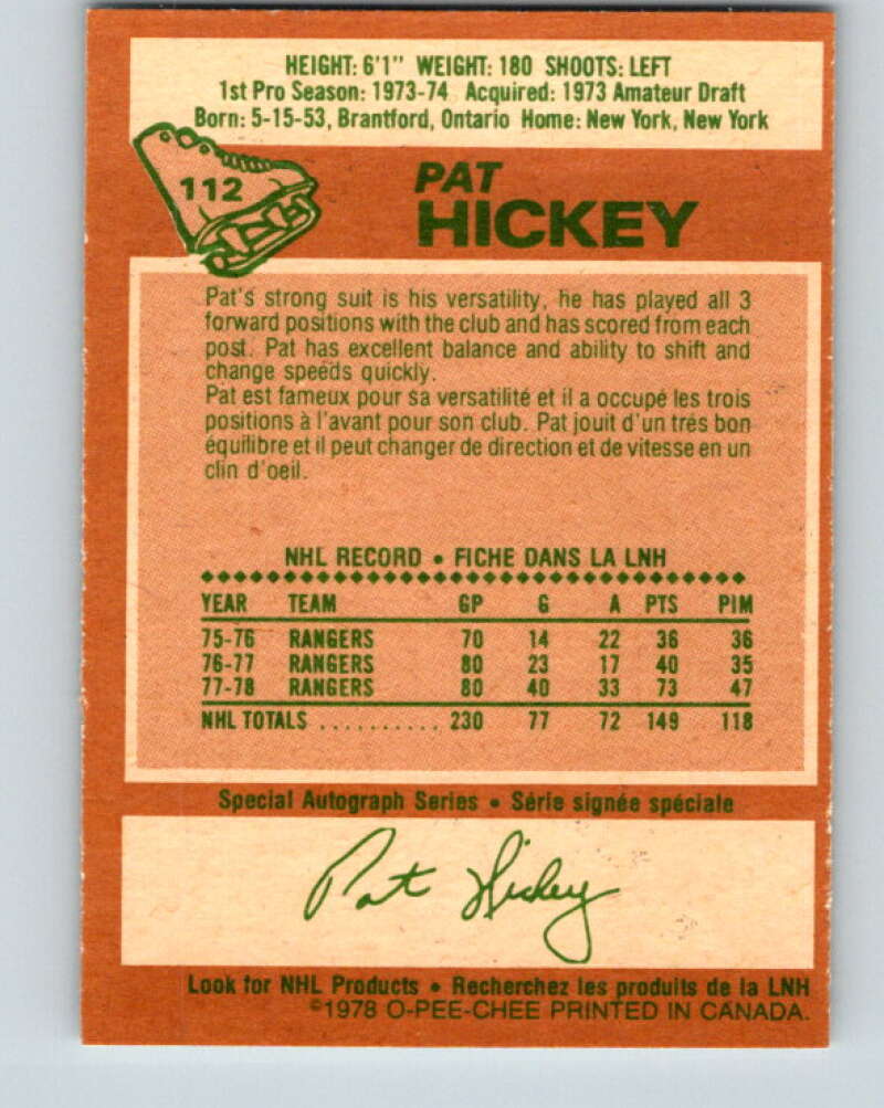 1978-79 O-Pee-Chee #112 Pat Hickey New York Rangers V22466