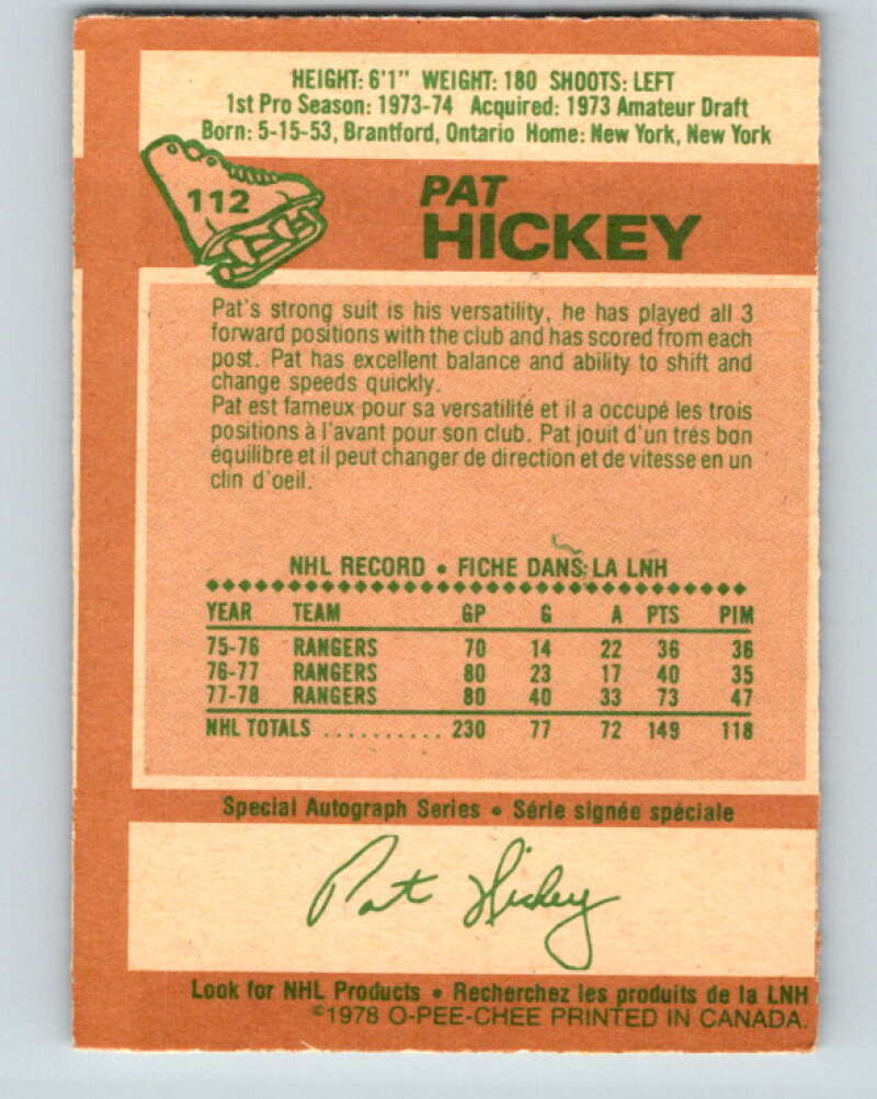 1978-79 O-Pee-Chee #112 Pat Hickey New York Rangers V22468