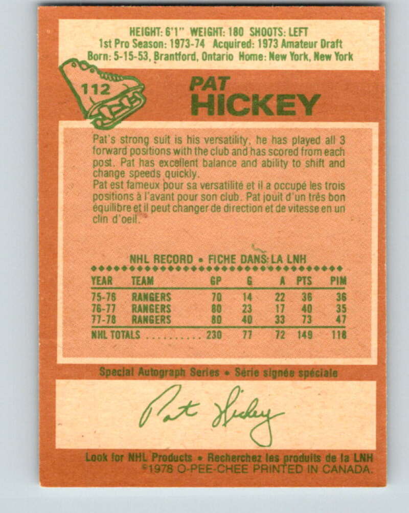 1978-79 O-Pee-Chee #112 Pat Hickey New York Rangers V22469