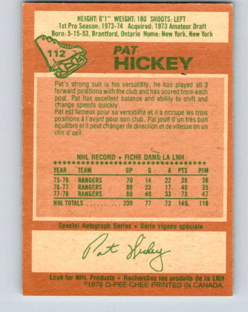 1978-79 O-Pee-Chee #112 Pat Hickey New York Rangers V22470