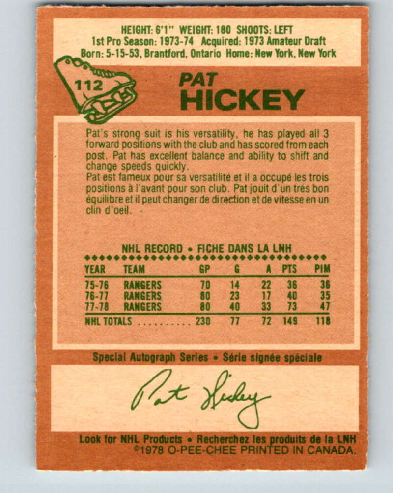 1978-79 O-Pee-Chee #112 Pat Hickey New York Rangers V22472