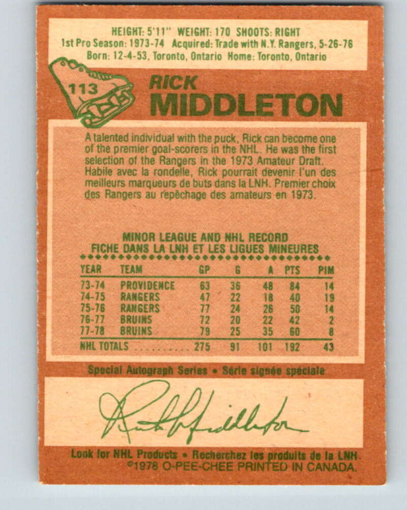 1978-79 O-Pee-Chee #113 Rick Middleton Boston Bruins V22478