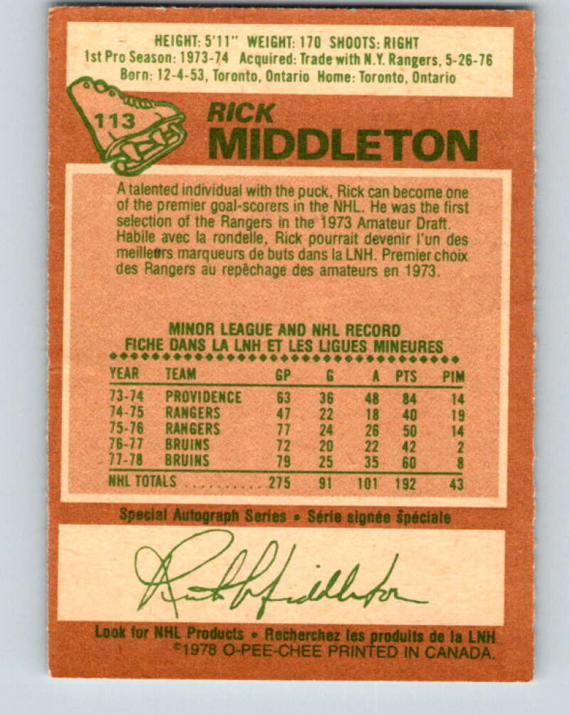 1978-79 O-Pee-Chee #113 Rick Middleton Boston Bruins V22481