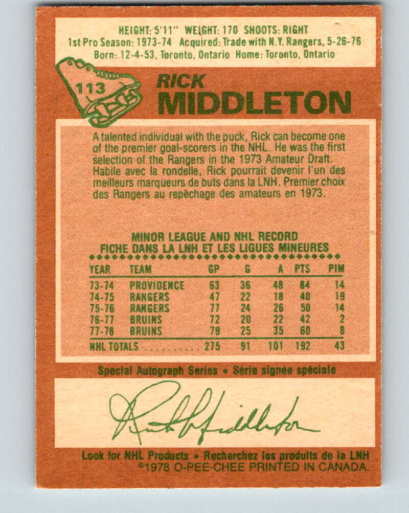 1978-79 O-Pee-Chee #113 Rick Middleton Boston Bruins V22483