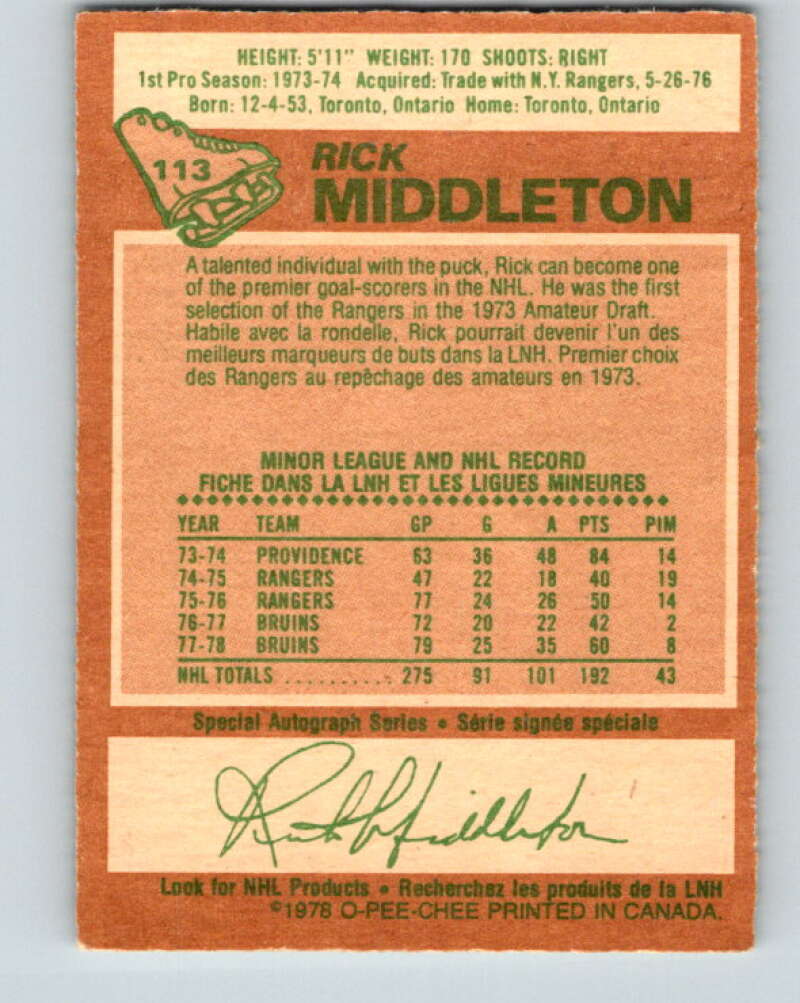 1978-79 O-Pee-Chee #113 Rick Middleton Boston Bruins V22487