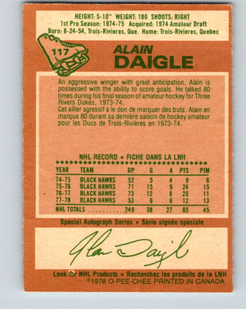 1978-79 O-Pee-Chee #117 Alain Daigle Chicago Blackhawks V22518